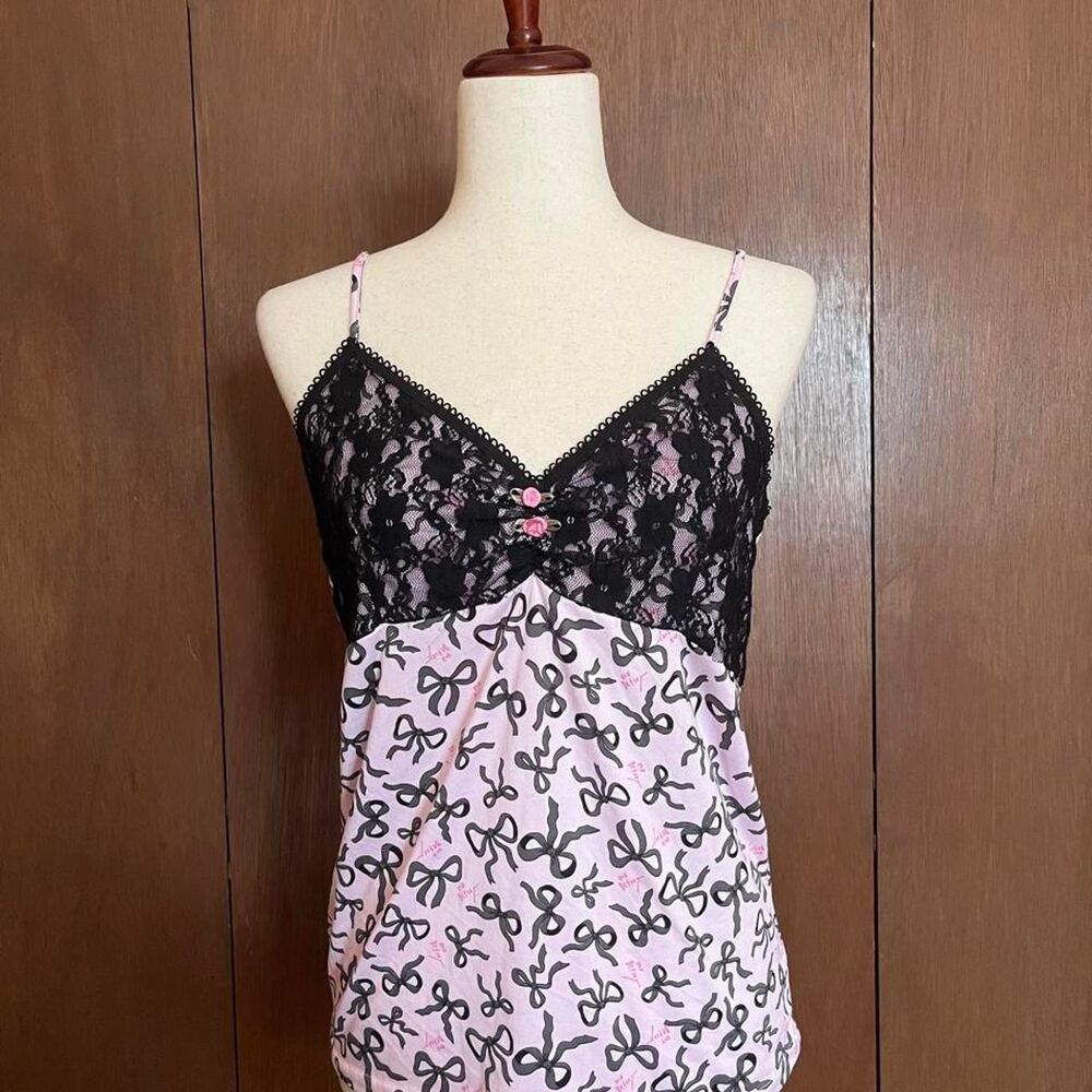 Betsey Johnson Black Lace Babydoll Top with Pink Bows Size M